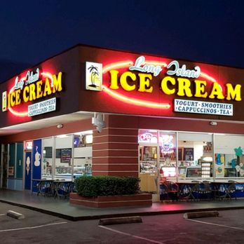 Long Island Ice Cream storefront with neon sign at dusk